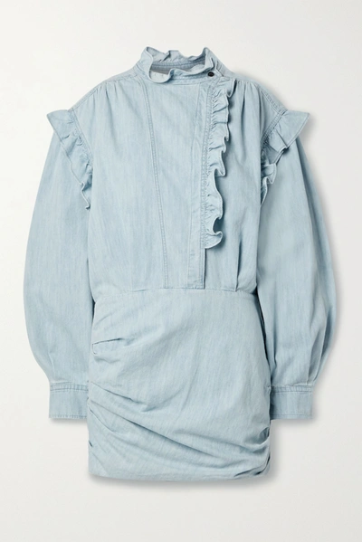 Shop Isabel Marant Étoile Greta Ruffled Cotton-chambray Mini Dress In Light Denim