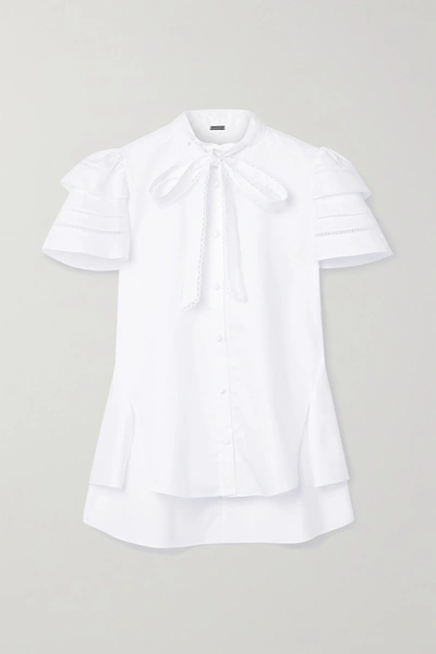 Shop Adam Lippes Pussy-bow Crochet-trimmed Cotton-poplin Blouse In White