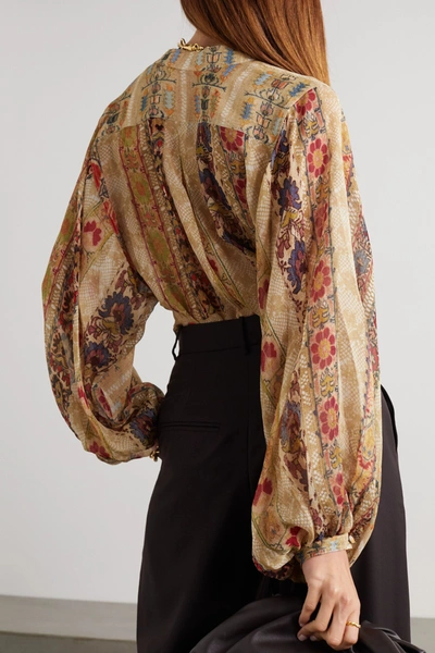 Shop Etro Floral-print Silk-crepon Blouse In Beige