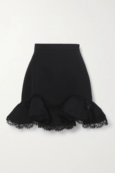 Shop Alexander Mcqueen Ruffled Lace-trimmed Wool-blend Mini Skirt In Black