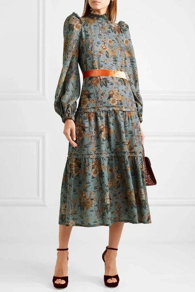 Shop Anna Mason Clara Tiered Velvet-trimmed Floral-print Wool Midi Dress In Green