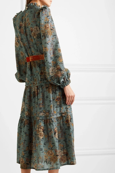 Shop Anna Mason Clara Tiered Velvet-trimmed Floral-print Wool Midi Dress In Green