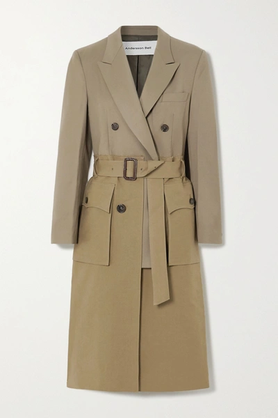 Shop Andersson Bell Belted Layered Cotton-twill And Wool-blend Trench Coat In Army Green