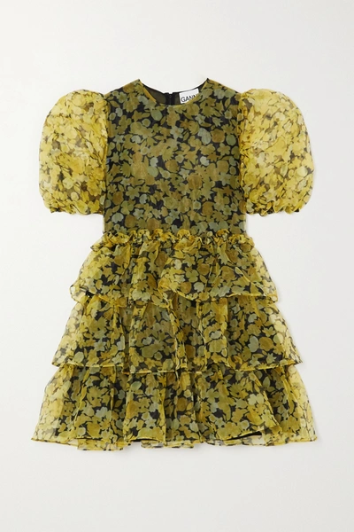 Shop Ganni Ruffled Tiered Floral-print Organza Mini Dress In Yellow