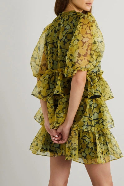 Shop Ganni Ruffled Tiered Floral-print Organza Mini Dress In Yellow