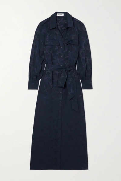 Shop Cefinn Robyn Belted Satin-jacquard Midi Shirt Dress In Navy