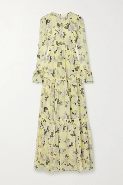 Shop Erdem Alvaro Tiered Floral-print Silk Crepe De Chine Gown In Chartreuse