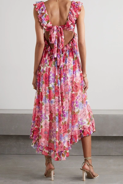 Shop Zimmermann Poppy Open-back Ruffled Floral-print Silk-crepon Midi Dress In Pink