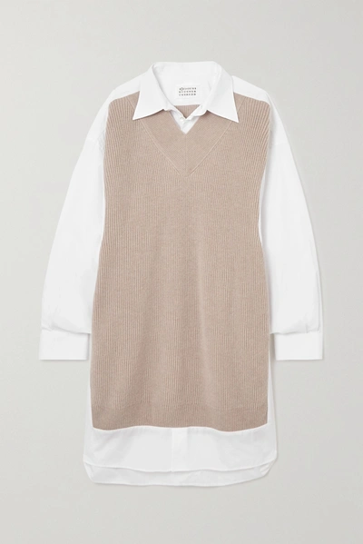 Shop Maison Margiela Ribbed Wool And Cotton-poplin Shirt Dress In Beige