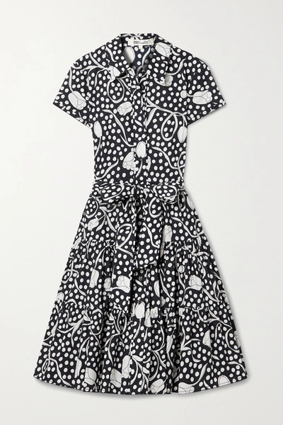 Shop Diane Von Furstenberg Zaria Belted Tiered Printed Cotton-poplin Shirt Dress In Navy