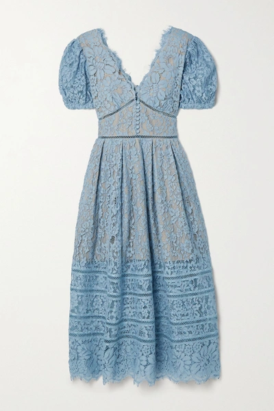 Shop Self-portrait Crochet-trimmed Cotton-blend Corded Lace Midi Dress In Light Blue