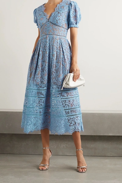 Shop Self-portrait Crochet-trimmed Cotton-blend Corded Lace Midi Dress In Light Blue