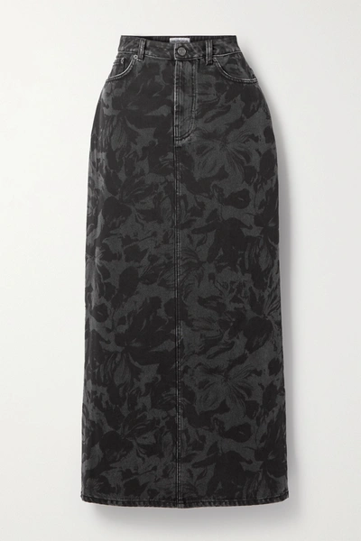 Shop Balenciaga Floral-print Denim Midi Skirt In Black