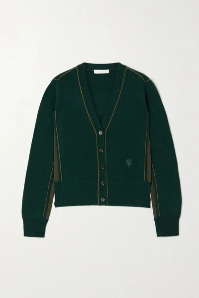 Shop Chloé Silk-trimmed Cashmere Cardigan In Forest Green