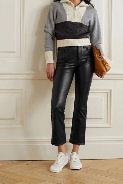 Shop Mother The Insider Crop Faux Stretch-leather Flared Pants In Black