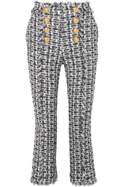 Shop Balmain Cropped Button-embellished Tweed Bootcut Pants In Blue