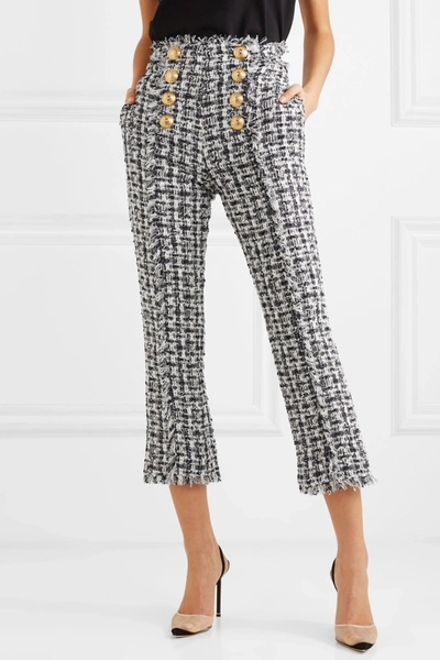 Shop Balmain Cropped Button-embellished Tweed Bootcut Pants In Blue