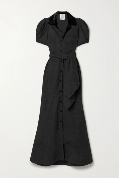 Shop Rosie Assoulin Belted Velvet-trimmed Wool Maxi Dress In Charcoal