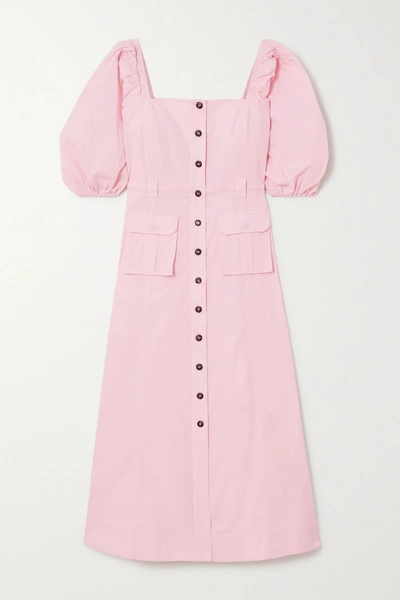 Shop Ganni Cotton-blend Ripstop Midi Dress In Baby Pink