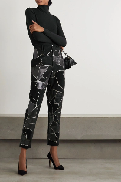 Shop Isabel Marant Maeko Patchwork Metallic-trimmed Suede And Leather Tapered Pants In Black