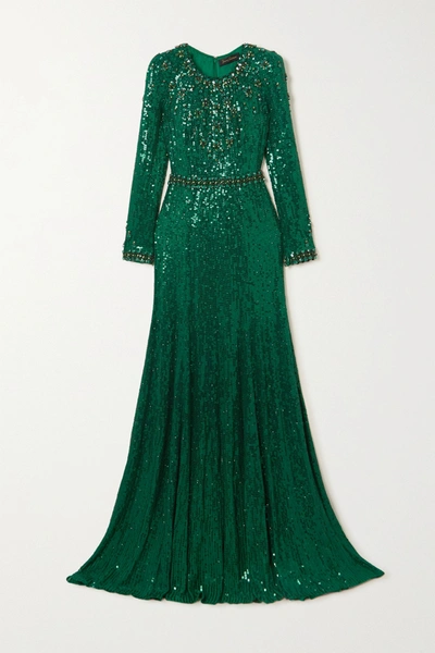 Shop Jenny Packham Tenille Embellished Satin Gown In Forest Green