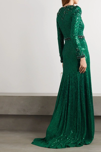 Shop Jenny Packham Tenille Embellished Satin Gown In Forest Green