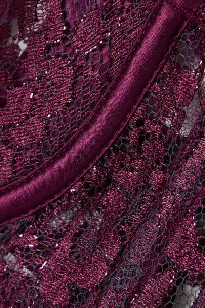 Shop Coco De Mer Sakura Satin-trimmed Metallic Lace Underwired Soft-cup Bra In Burgundy