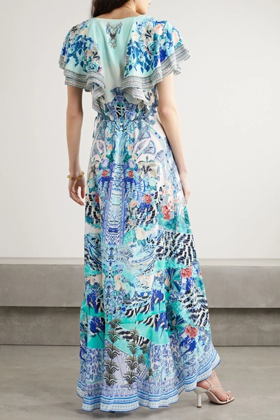 Shop Camilla Asymmetric Crystal-embellished Silk Crepe De Chine Wrap Maxi Dress In Blue