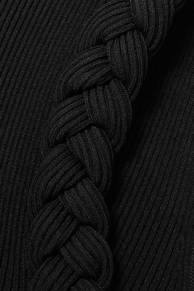Shop Helmut Lang One-shoulder Braided Fringed Ribbed-knit Top In Black