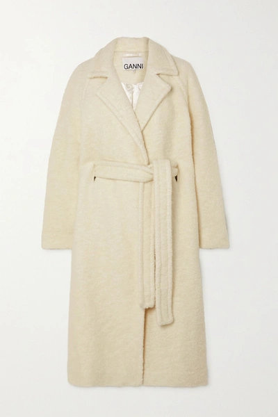 Shop Ganni Belted Double-breasted Wool-blend Bouclé Coat In White