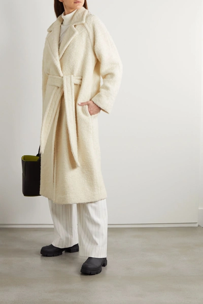 Shop Ganni Belted Double-breasted Wool-blend Bouclé Coat In White