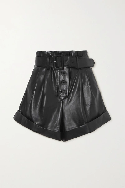 Shop Self-portrait Belted Faux Leather Shorts In Black