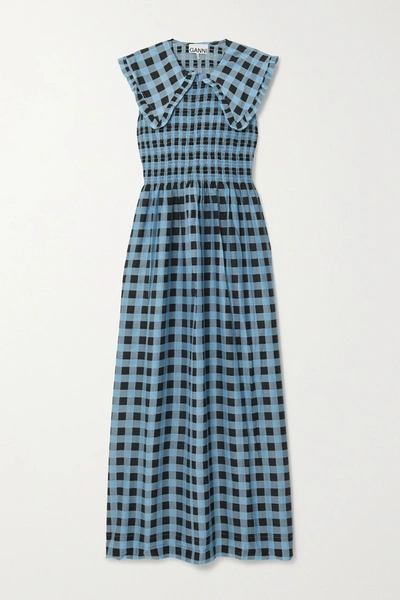 Shop Ganni Smocked Checked Cotton And Silk-blend Maxi Dress In Blue
