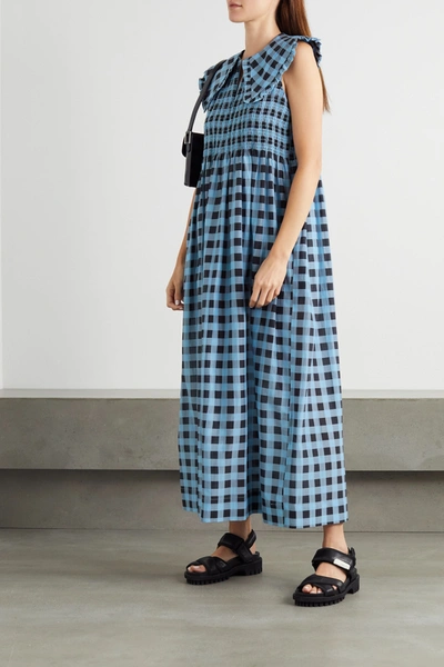 Shop Ganni Smocked Checked Cotton And Silk-blend Maxi Dress In Blue