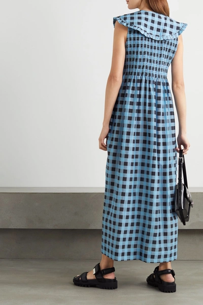 Shop Ganni Smocked Checked Cotton And Silk-blend Maxi Dress In Blue