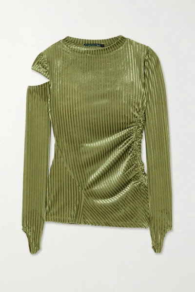 Shop Andersson Bell Tilda Cutout Ruched Striped Velvet-jacquard Top In Sage Green