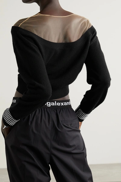 Shop Alexander Wang Cropped Crystal-embellished Tulle-trimmed Wool-blend Cardigan In Black