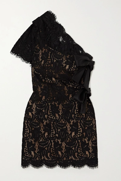 Shop Saint Laurent One-sleeve Bow-embellished Lace Mini Dress In Black