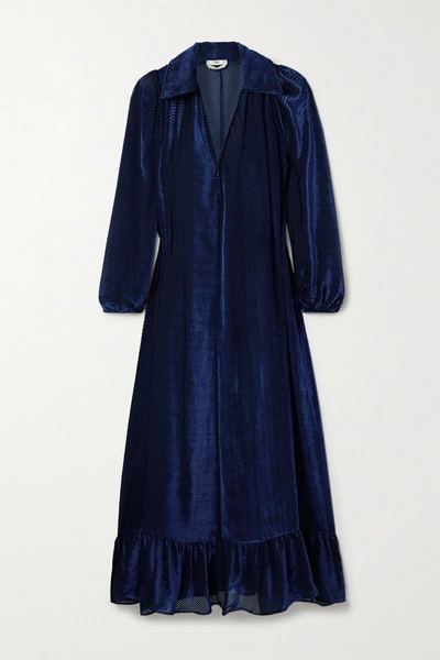 Shop Fendi Ruffled Devoré-velvet Midi Dress In Midnight Blue