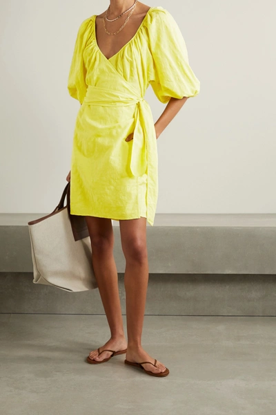 Shop Mara Hoffman + Net Sustain Coletta Organic Cotton And Linen-blend Mini Wrap Dress In Chartreuse