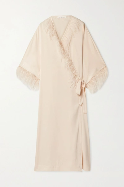 Shop Love Stories Feather-trimmed Washed-satin Robe In Cream