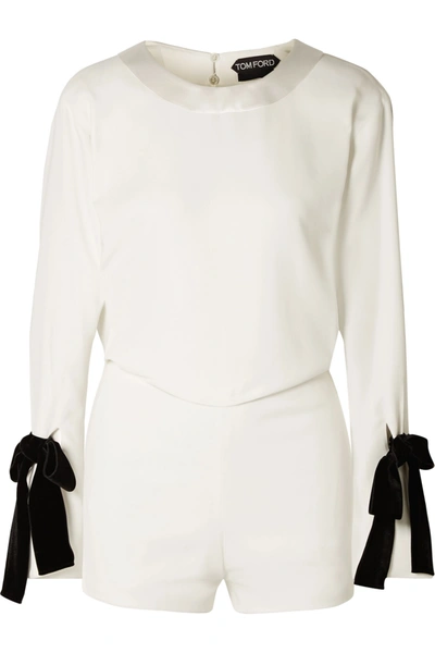 Shop Tom Ford Velvet Bow-embellished Draped Crepe Playsuit In White