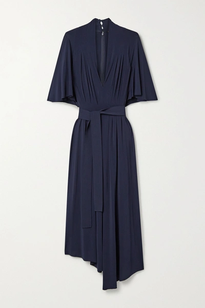 Shop Adam Lippes Asymmetric Belted Pleated Stretch-jersey Midi Dress In Midnight Blue