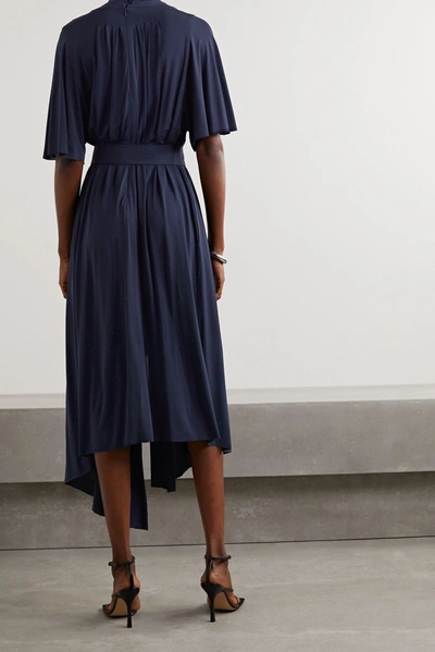 Shop Adam Lippes Asymmetric Belted Pleated Stretch-jersey Midi Dress In Midnight Blue