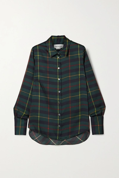 Shop Monse Harris Cutout Draped Tartan Satin-twill Shirt In Forest Green