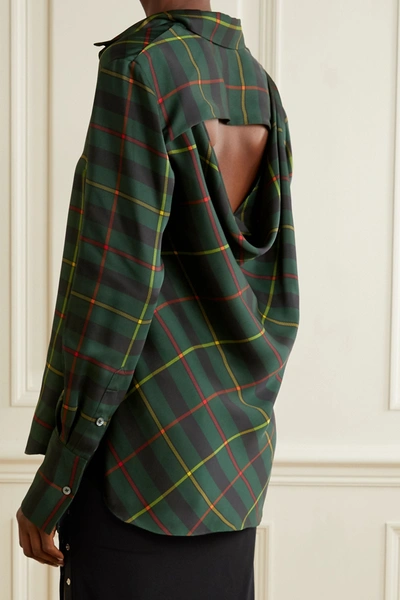 Shop Monse Harris Cutout Draped Tartan Satin-twill Shirt In Forest Green