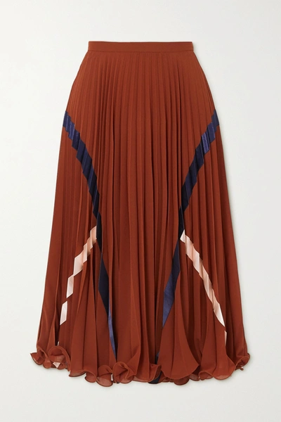 Shop See By Chloé Satin-trimmed Pleated Voile Midi Skirt In Burgundy