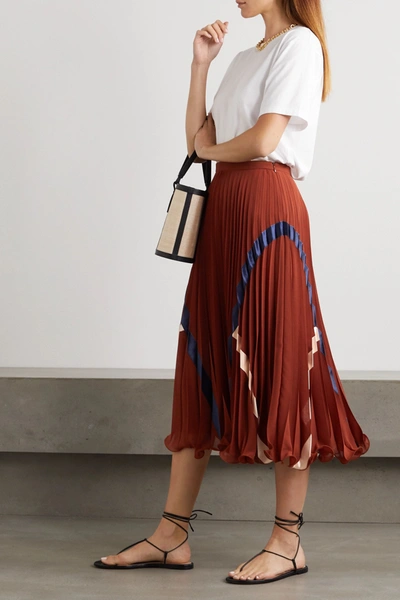 Shop See By Chloé Satin-trimmed Pleated Voile Midi Skirt In Burgundy