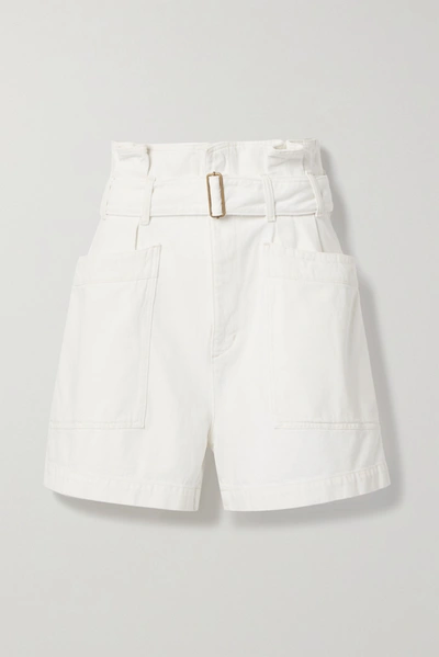 Shop Agolde Celia Belted Denim Shorts In White
