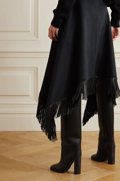 Shop Saint Laurent Asymmetric Leather-trimmed Wool And Cashmere-blend Midi Skirt In Black